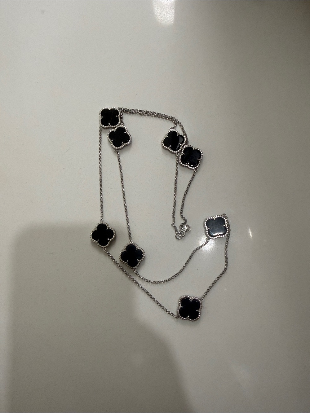 925 Sterling silver Elegant Black Clover Link Necklace - Silver Chain